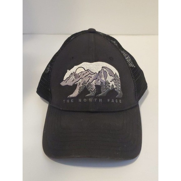 North Face Embroidered Trucker Hat Bear Logo Black Snapback Adjust - Picture 1 of 6